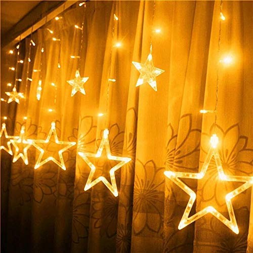 Image of X14 Store 10 Stars 138 LED Curtain String Lights, Window Lights with 8 Flashing Modes Decor for Christmas, Wedding, Party, Home, Patio Lawn, Warm White (138 - Star) (WR-15)