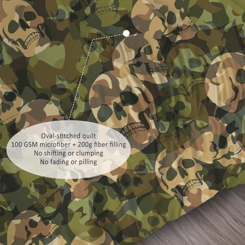 Image of Green Camo Comforter Set King: 1 Comforter 2 Pillowcases, Camouflage Skull Bedding Set for Boys Adults Men, Army Hunting Gothic Skeleton Quilt Bedroom Decor
