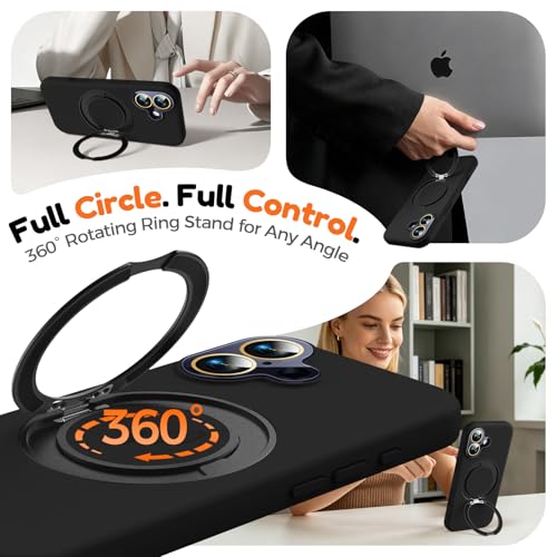 Image of Silicone 360 Spin Magnetic Stand Case for iPhone 17, [Compatible with Mag-Safe][Reinforced Hard Camera Protection]Shockproof Liquid Silicone Rubber Phone Case Cover with Ring, Camera Button, Jet Black