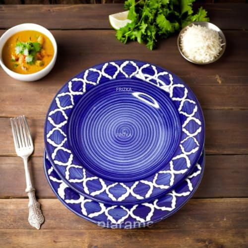 Image of Ceramic Side Plate Blue Moroccan Pasta Plate Serving Plates, Soup Plate for Serving Chowmine, Pasta, Snacks & Breakfast, Set of 2 Big Plates (Microwave & Dishwasher Safe)