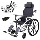 GNbow Lightweight Wheelchair for Adults, Full Reclining Folding Transport Wheelchairs with High Back & Removable Headrest, Portable Shock Absorber Transport Chair for Adult Disabled