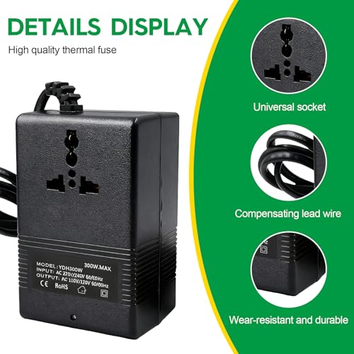 محول جهد كهربائي 220 فولت الى 110 فولت، محول تخفيض، محول طاقة للسفر، محول طاقة كهربائي منزلي لفرد الشعر والتلفزيون واللابتوب (300 واط)
