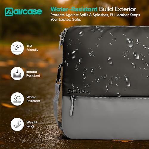 Image of AirCase Laptop Messenger Bag for Men & Women, 13.3 inch | Water Resistant PU Leather, Shockproof Padded, Shoulder Strap, Front Organiser Pocket, Office Crossbody Bag, Business Travel Laptop Sleeve