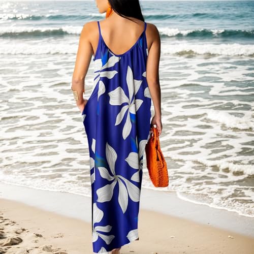 Image of Women's Vacation Style Spaghetti Straps Deep V - Neck Maxi Dress with Pockets and Blue Floral Print Beach Vacation Date Night -23 Medium