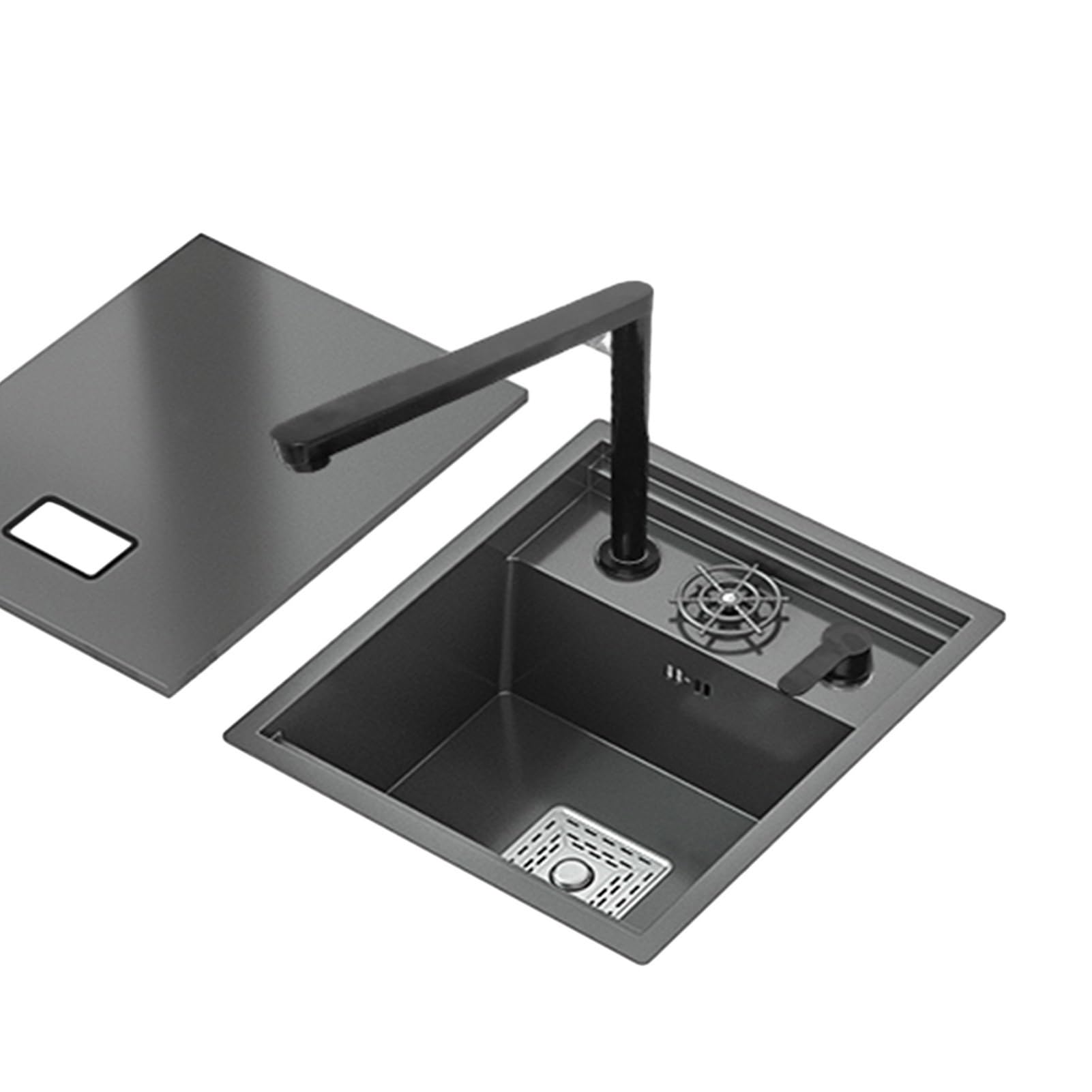 WDSOPK SpaceSaving Black Single Bowl Kitchen Sink Undermount RV Sink with CoverBuiltin Sink with Siphon Stainless Steel Multifunct Faucet (1 45 * 38 * 22cm)