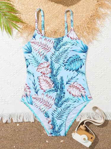 Image of WDIRARA Girl's Tropical Print Spaghetti Strap One Piece Swimsuit Bathing Suit Swimwear
