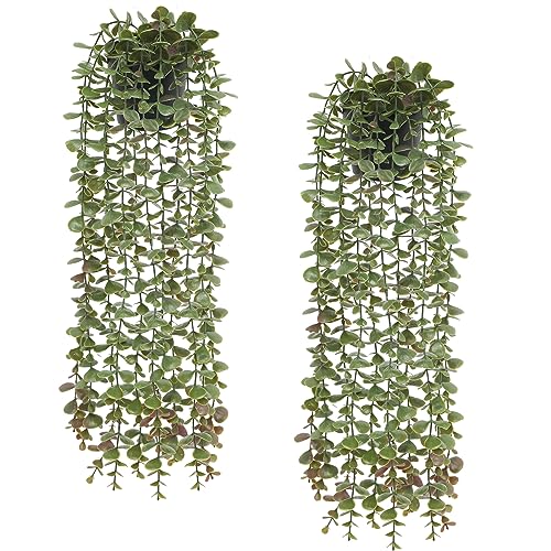Veryhome 2Pack Artificial Hanging Plants in Potted Eucalyptus Fake Vines Faux Greenery Fake Plants Artificial Eucalyptus Vine in Pot for Wall Room Indoor Outdoor Decoration(Green)