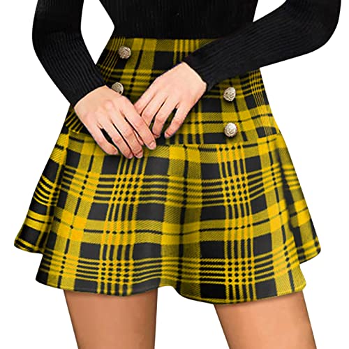 Daygeve Minissaia feminina casual de cintura alta xadrez plissada, confortável, casual, elástica, fa