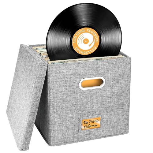 Aolawco 12 inch Vinyl Record Storage Box, CD Storage Case with Lid & Handles, Folding LP Storage Boxes Holds up to 100+ Single Records, Records Organizer for Albums, CDs, Magzine, Files - Grey