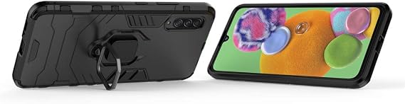 Compatible with Samsung Galaxy A90 5G Case, Metal Ring Grip Kickstand Shockproof Hard Bumper (Works with Magnetic Car Mount) Dual Layer Rugged Cover (Black)