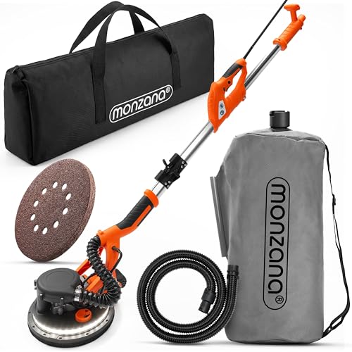 MONZANA® Lijadora Jirafa Eléctrica con Aspirador 750W Potente Luz LED Pulidora Plegable Pared Techo Obra Seca Ø225mm Placas Yeso Portátil Bolsa Almacenamiento Velocidad 5 Niveles 12 Discos Lijadores