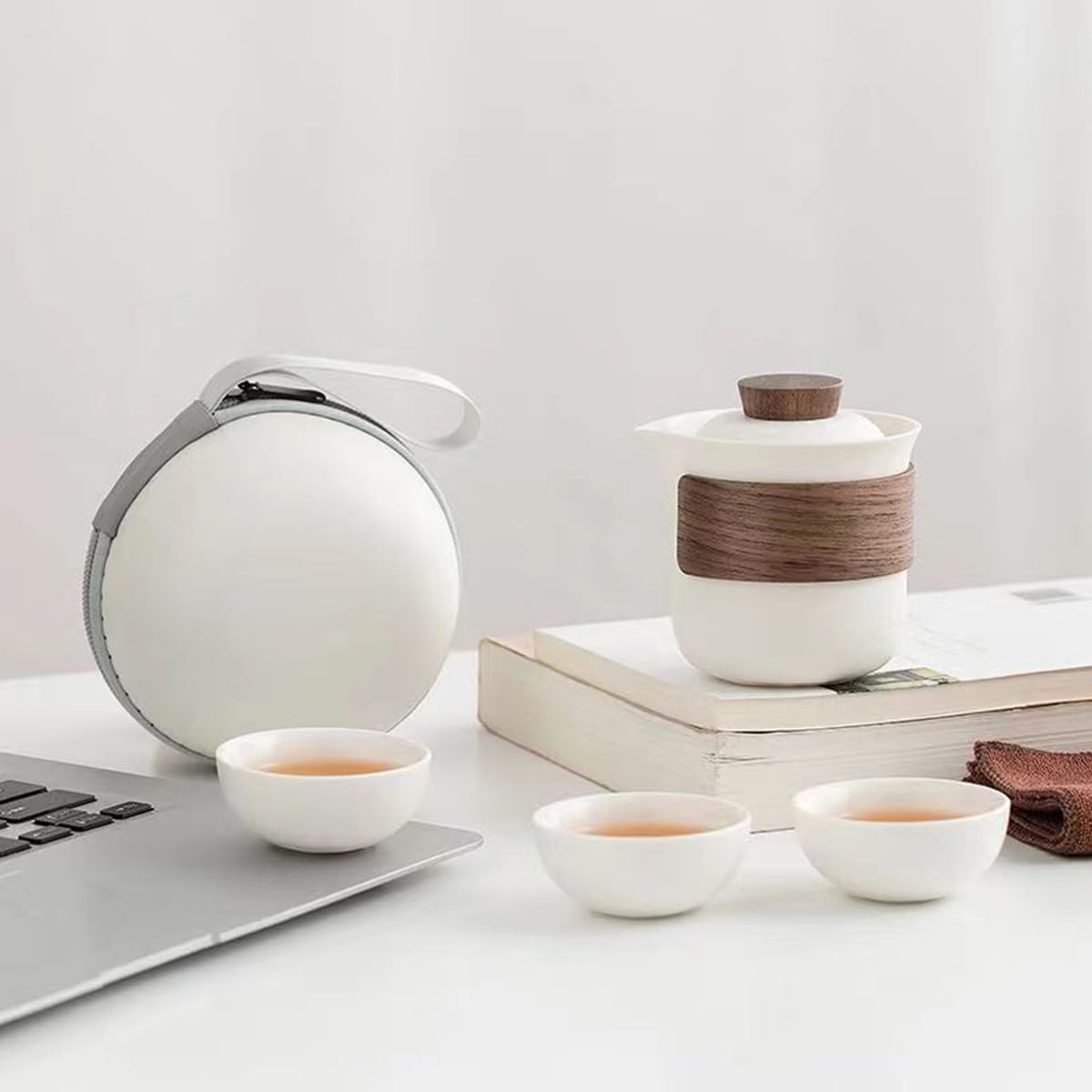 Mini Set Da Tè Viaggio In Ceramica - Teiera Kung Fu Con 2 Tazze E Borsa Portatile (Nero) - Foto 2