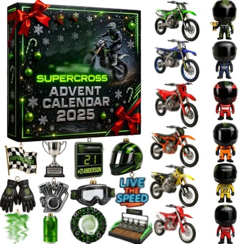 Supercross Advent Calendar 2025, 24 Days Christmas Countdown with Mini Dirt Bikes, Racer Figures & Gear Charms Ornaments, 2D Acrylic Motorcycle Decor for Christmas, Gift for Motocross Lovers (Black)