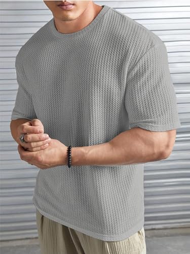 Image of Jump Cuts Mens Round Neck 3 /4th Sleeve Dark Grey Solid Waffle Polyester Oversized Fit T-Shirt