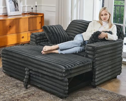 Belffin Upholstered Chaise Lounge Pull Out Sofa Bed with Pillows Couch Bed Sofa Pull Out Couch Sleeper Chair for Living Room Plush Corduroy (Grey)