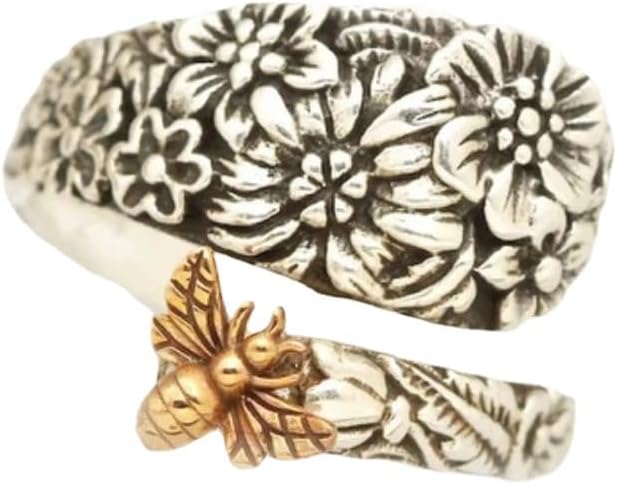 925 Sterling Silver Garden Flower Bee Ring Vintage Creative Bee Entangled Flower Cluster Bee Insect Cute Spoon Sunflower Sunflower Ring Jewelry-Making-Patterns