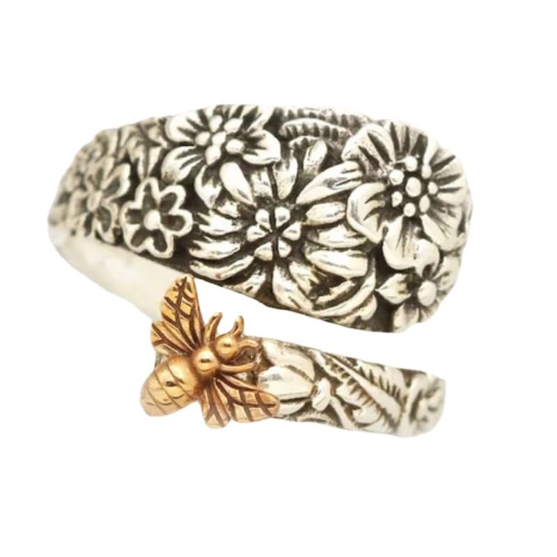925 Sterling Silver Garden Flower Bee Ring Vintage Creative Bee Entangled Flower Cluster Bee Insect Cute Spoon Sunflower Sunflower Ring Jewelry-Making-Patterns