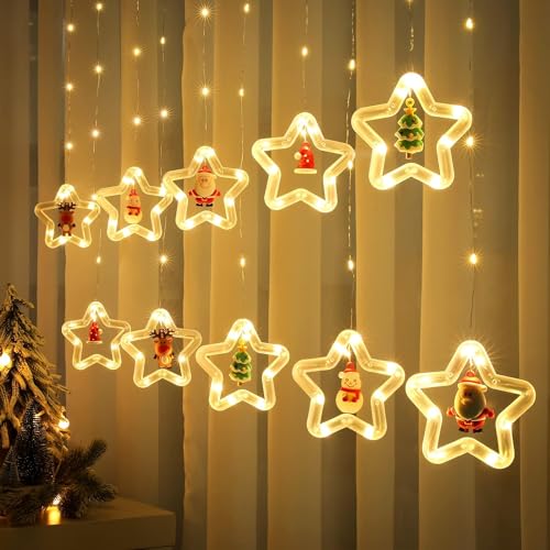 Image of Desidiya 10 Star Shape Christmas Window Curtain String Hanging Lights for Christmas Decoration for Christmas Home Bedroom Decor (Warm - White)
