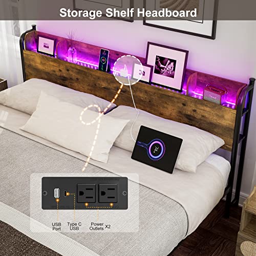 Ikifly King Size Bed Frame With Storage Shelf Headboard & Charging Station - Industrial Metal King Platform Bed With Led Lights, Strong Metal Slats Support, No Box Spring Needed - Rustic Brown #TOP4