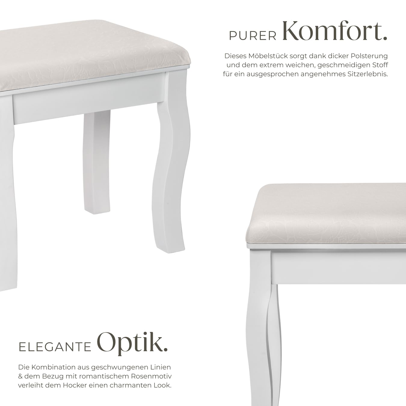 tectake® Schminkhocker, Schminktisch Stuhl, Hocker als Schminktisch Zubehör oder Klavierhocker, Schminkstuhl für Dressing Table, Vanity Table, Vintage Deko Aesthetic - 40x30x51cm, weiß