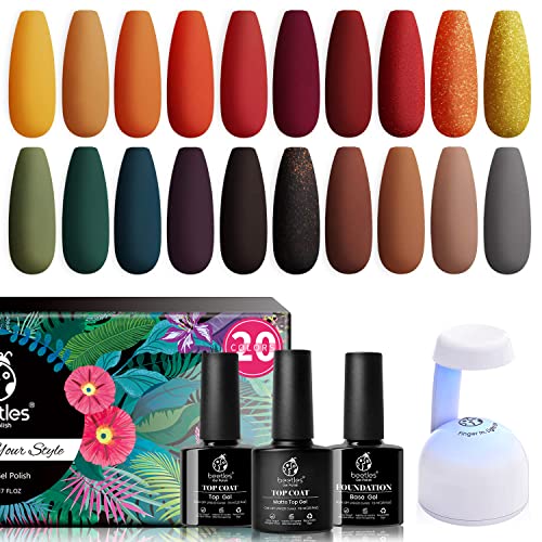 Beetles 20 Pcs Gel Nail Polish Kit-Cozy Campfire Collection Fall Winter Orange Yellow Green Gel Nail Polish Soak Off, Beetles Mini Nail LED Lamp,