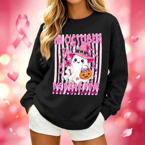 Womens Sweatshirt in October We Wear Pink Tops Pink Ribbon Breast Cancer Awareness Pullover Halloween Sweatshirts - image 2