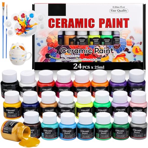 Teokantz Porzellan Farben, 24 Stück 25ml Keramikfarben zum Einbrennen, Glas- und Porzellanfarbe Spülmaschinenfest, Farbe für Glas Tassen Keramik...