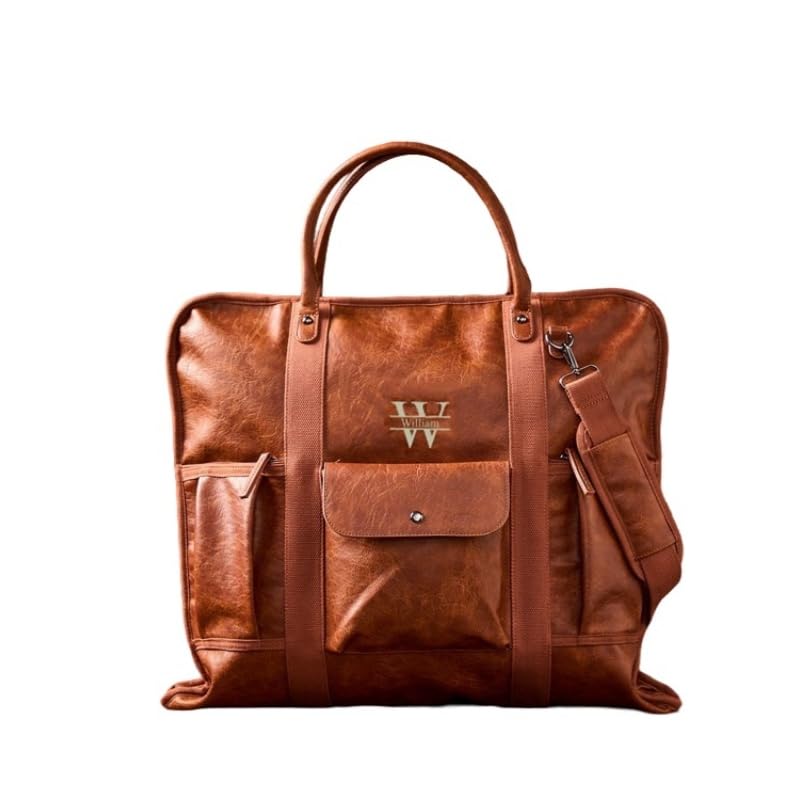 Personalized Leather Garment Bag, Travel Suit Cover Bag with Multiple Pockets, Customizable Monogram (Brown)