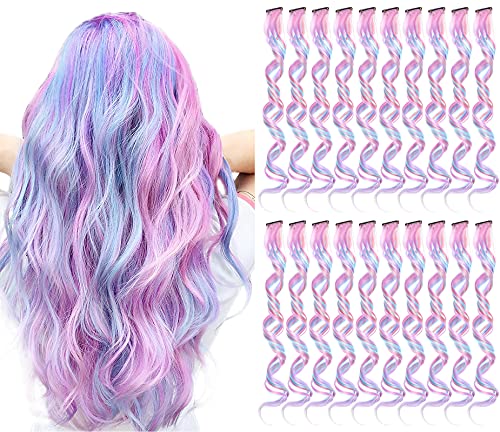 YMHPRIDE 20 PCS Farbige Clip-in-Haarverlängerung, 26 Zoll Gemischte Einhornfarbe Hitzebeständige Lockige Haarteile für Mädchen Frauen Kinder, Cosplay Party Highlights (Weiß/Rosa/Hellblau/Helllila) Cover