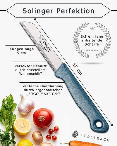 Foto von Edelbach Solingen | Küchenmesser Set | German, sehr scharfe kleine Messer, Messerset, Obstmesser, Gemüsemesser, Schälmesser, Sparschäler, Schälmesser, Solingen-Messer (9 cm Wellenschliff Klinge)