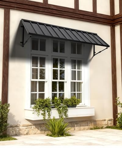 81x24 Inch Metal Awning for Door Entrance, Heavy-Duty Window Awning with Adjustable Angle, Weather-Resistant Outdoor Porch Door Awning for Front Doors, Windows, Porches, Balconies, Black