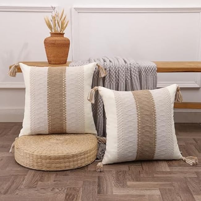 Tosleo Boho Khaki Striped Throw Pillow Covers 18x18 Set of 2 with Tassels Neutral Decorative Pillowcase Farmhouse Rustic Retro Cushion Case Bohemian Home Spring Decor for Wedding Bedroom Living Room