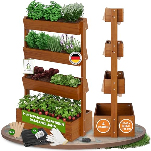 TTL GARDEN Vertikal Hochbeet 4 Etagen Holz 140x85x45cm Hellbraun - Vertikalbeet & Kräuterhochbeet mit 4 Etagen & Folie...