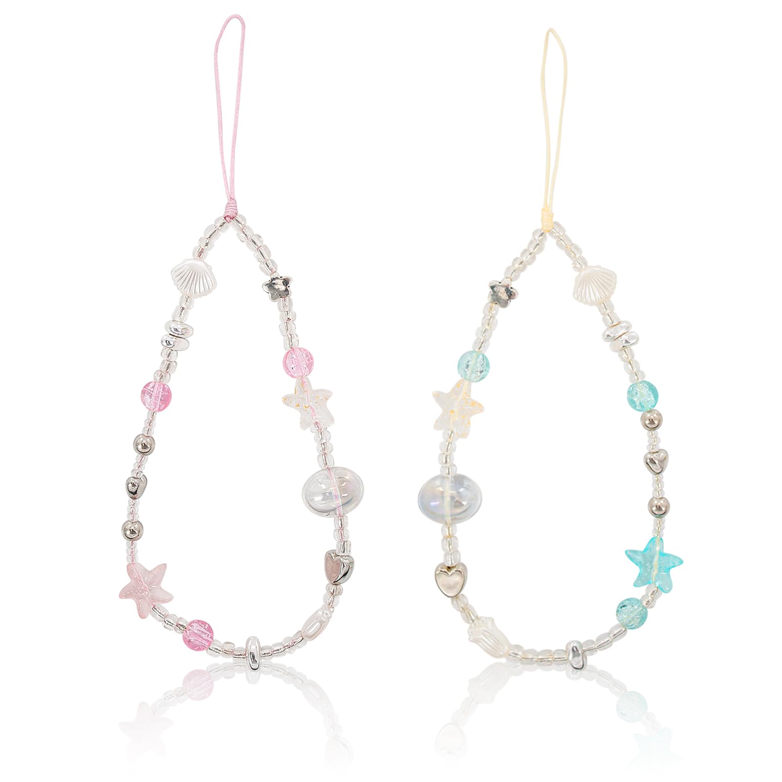 Lot de 2 sangles à breloques en perles pour appareil photo, téléphones portables, sacs, porte-clés (bleu, rose)