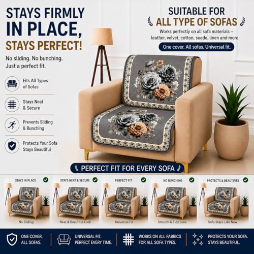 Image of Homerz 'Brooklyn Series' Premium Sofa Cover | Quilted Floral Design | Non-Slip Washable Sofa Protector | Soft Anti Slip Fabric (Grey, 1 Seater, Seat Cover with Backrest)