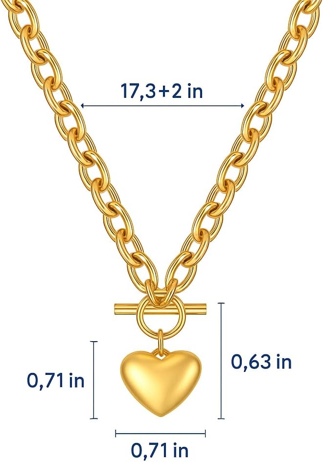 Ora & Eve 18K Gold Heart Pendant Toggle Necklace for Women – Chunky Chain Choker, Waterproof, Tarnish Resistant, Dainty Statement Jewelry, Gift for Her