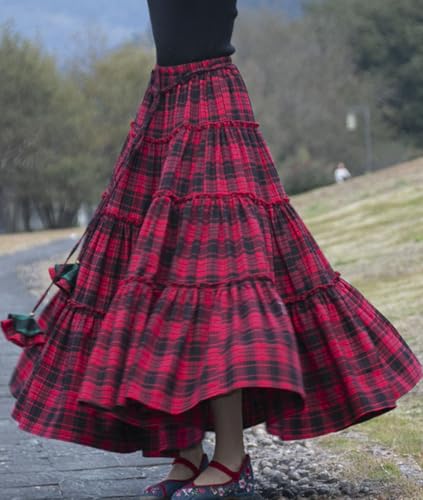 Femiserah Women's Fall Winter Plaid Ruffle Tiered Long Skirt High Elastic Waist Maxi Thicken Tartan Skirt2