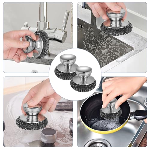 Image of 4Pcs Steel Wool Scrubber Set, Stainless Steel Scrubber with Stainless Steel Handle, for Cleaning Dishes, Cast Iron, Stock Pots, Pans, Griddles, Grills