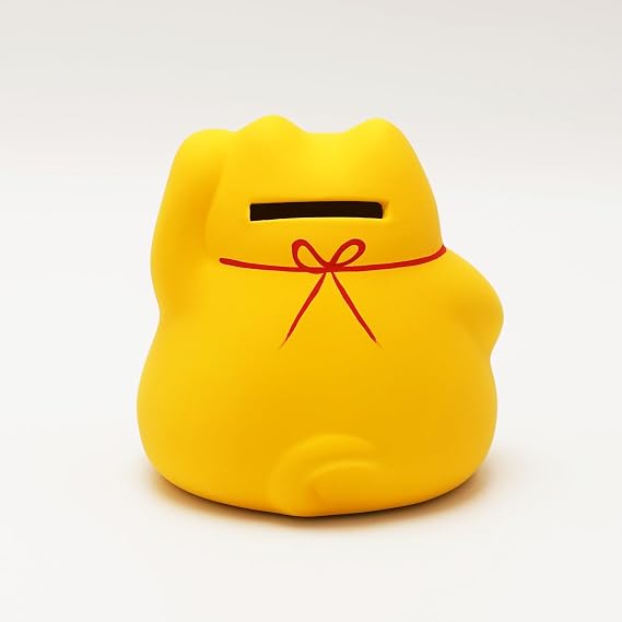 Banko Ware Maneki-Neko Ceramic Piggy Bank - Lucky Cat, Cute and Chubby Traditional Japanese Money Box (Yellow)