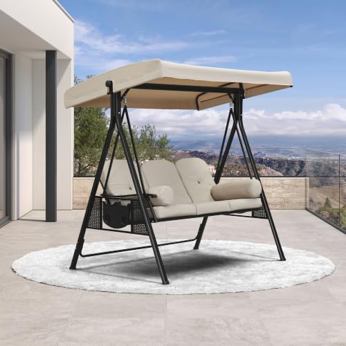 Image of PURPLE LEAF 3-Seat Porch Swing Outdoor w /Cushion & Canopy, Cream Beige