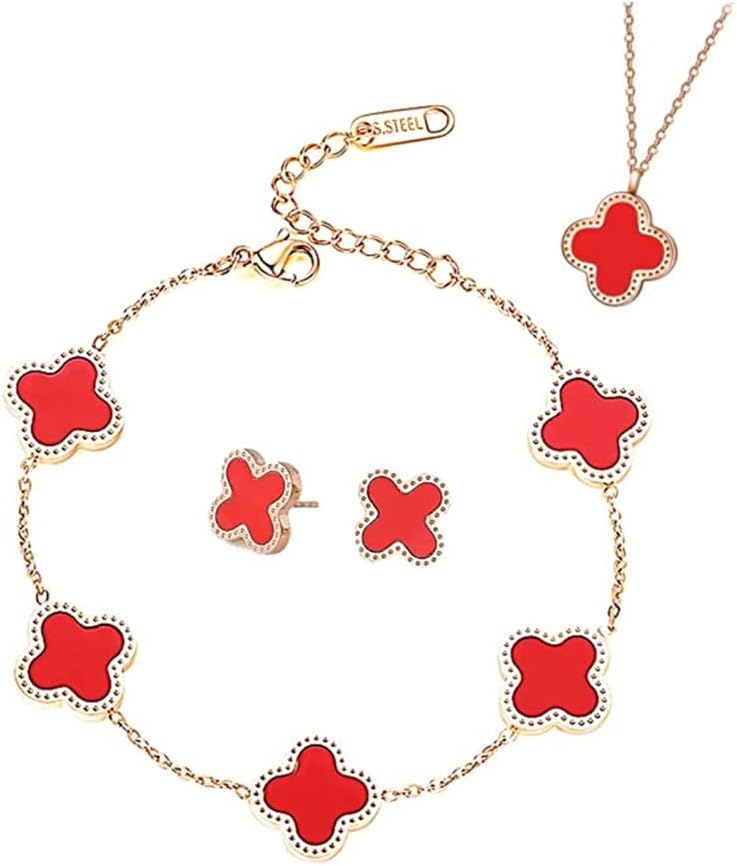 TOFBSTOFBS Four-Leaf Clover Jewellery Set for Women Girls 18K Rose Gold Plated Stainless Steel Double-sided Green Black Four-Leaf Clover Pendant Necklace Stud Earrings Bracelet Jewellery Set