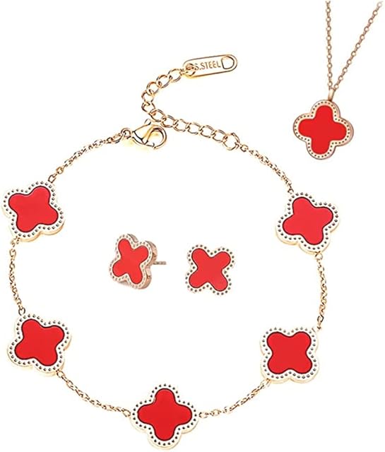 TOFBS Four-Leaf Clover Jewellery Set for Women Girls 18K Rose Gold Plated Stainless Steel Double-sided Four-Leaf Clover Pendant Necklace Stud Earrings Bracelet Set Dainty Enamel Jewellery Set