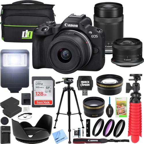 Canon EOS R50 Mirrorless Camera Body with 2 Lens Kit RF-S 18-45mm is STM and 55-210mm is STM 5811C022 Bundle with Deco Gear Bag + 2 Battery +Tripod + Filters + Wide Angle & Telephoto Lenses & More