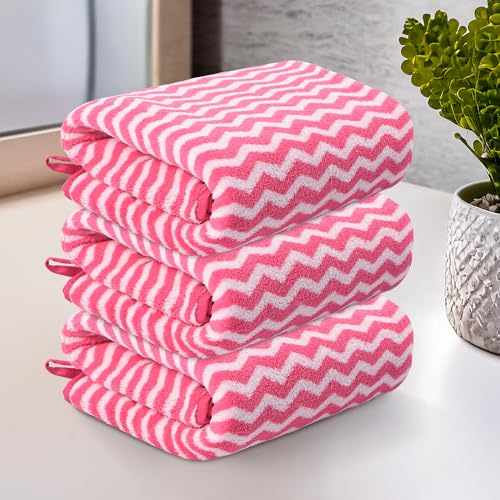 Image of Kuber Industries 3 Pcs Microfiber 19x38 Inch Soft Face Towels for Women and Men | 280 GSM Quick Dry & Absorbent Hanging Hand Towels for Wash Basin Bathroom, Kitchen and Home | Zig Zag - Pink