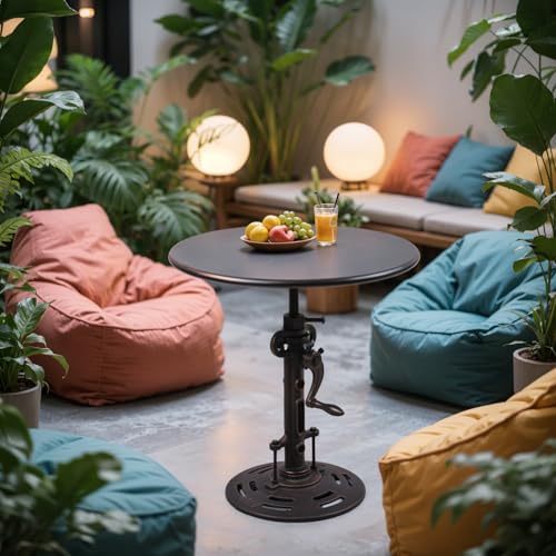 Vintage Industrial Adjustable Height Crank Table for Home or Café- Round Iron Bistro/Dining/Desk with Mechanical Inspired Hand- Rustic Antique Style, Copper