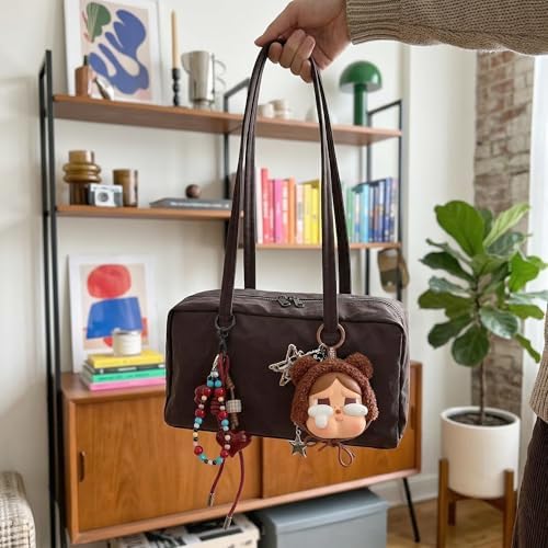 FASTFAIRY Slouchy Lightweight Bowler Bag: Small Chocolate Plum East-West Design With Charm Loop - Everyday Use Outings - 2