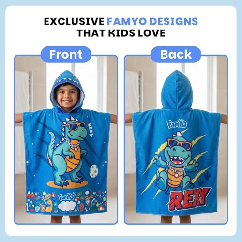 Image of Famyo Poncho Hood Maxx Towel for Kids 1-7 Years, Rexy Dino, 60 x 60 cm | Quick-dry microfiber hooded towel, soft, lightweight and absorbent for beach, pool and bath, suitable for boys and girls