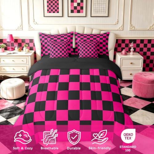 Image of Feelyou Checkered 7 Piece Bedding Set Teen Dark Red Black Plaid Comforter Set with Sheets Twin Size Kids Boys Cute Retro Neutral Checkerboard Geometric Bed in a Bag Vintage Aesthetic Room Decor