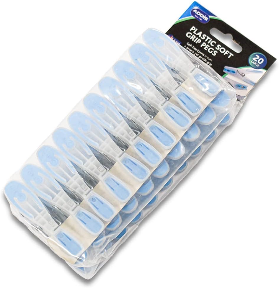 Soft Clip Plastic Large Clothes Washing Line Pegs, Pack of 20, Blue Clear