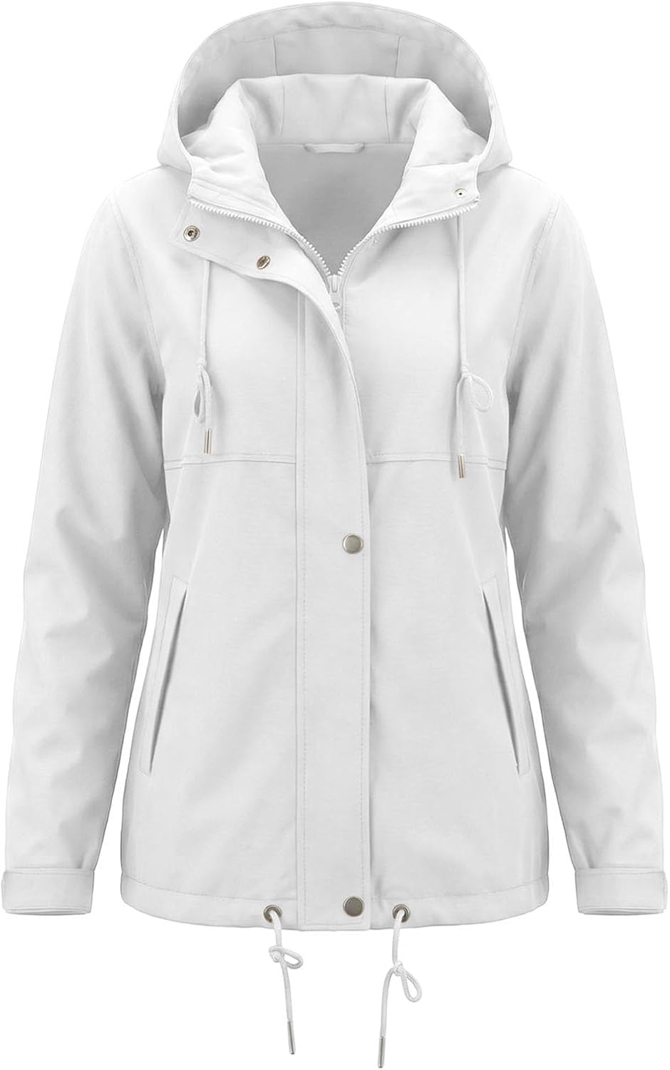 Anorak Jacket for Women Button Front Hooded Zip Up Trench Coat | Women's Mid Length Rain Jacket with Cinch Waist, Snap Pocket, Long Sleeve for Fall Spring Travel Casual Wear